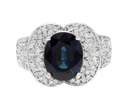 6.20 Carats Exquisite Natural Blue Sapphire and Diamond 14K Solid White Gold Ring