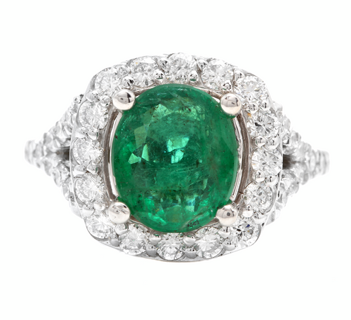 4.65 Carats Natural Emerald and Diamond 14K Solid White Gold Ring