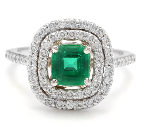 2.00 Carats Natural Emerald and Diamond 14K Solid White Gold Ring