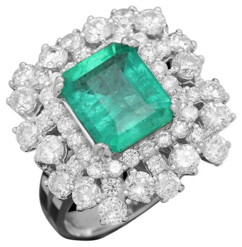 5.40 Carats Natural Emerald and Diamond 14K Solid White Gold Ring