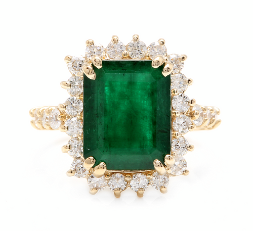 5.20ct Natural Emerald & Diamond 14k Solid Yellow Gold Ring