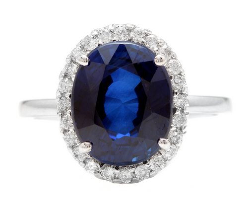 6.35ct Lab Ceylon Blue Sapphire & Natural Diamond 14k Solid White Gold Ring