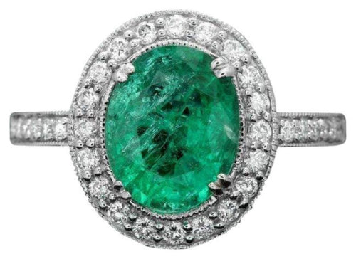 2.70 Carats Natural Emerald and Diamond 14K Solid White Gold Ring