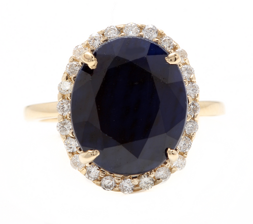 7.50ct Natural Blue Sapphire and Diamond 14k Solid Yellow Gold Ring