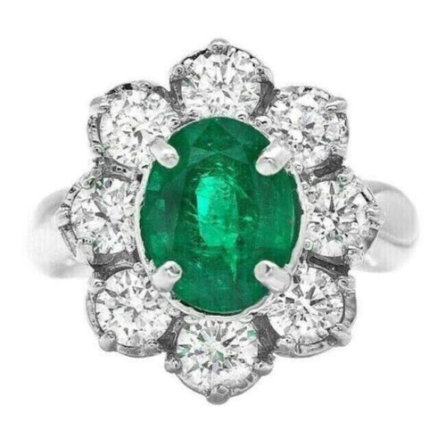 4.40ct Natural Emerald & Diamond 14k Solid White Gold Ring