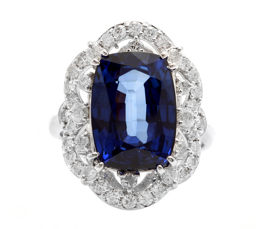 10.80ct Lab Ceylon Blue Sapphire & Natural Diamond 14k Solid White Gold Ring