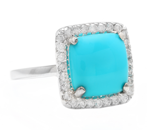 3.60 Carats Natural Turquoise and Diamond 18k Solid White Gold Ring