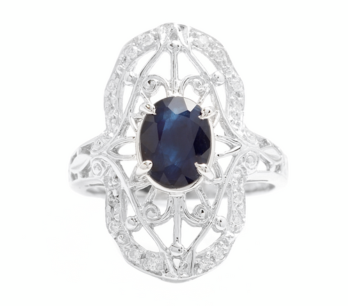 Art Deco Style 2.00ct Natural Sapphire and Diamond 14k Solid White Gold Ring