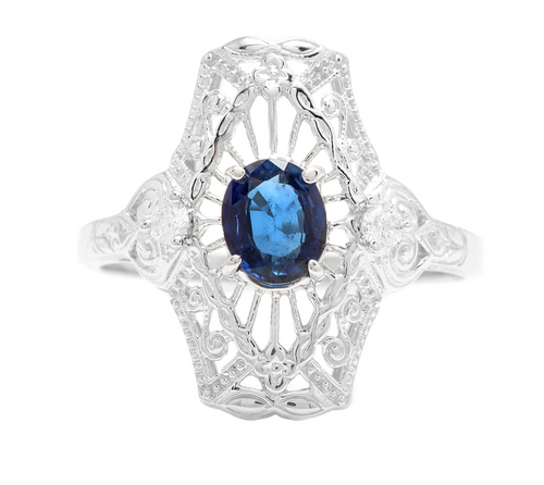 Art Deco Style Natural Sapphire and Diamond 14k Solid White Gold Ring