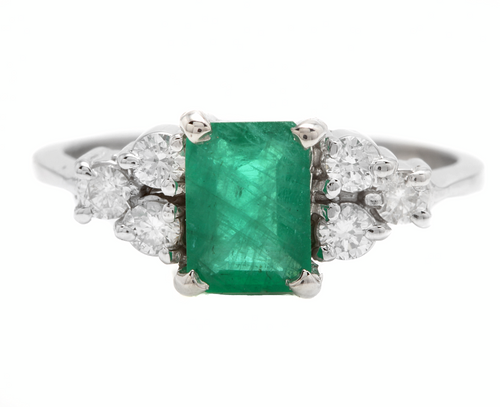 1.30ct Natural Emerald & Diamond 14k Solid White Gold Ring