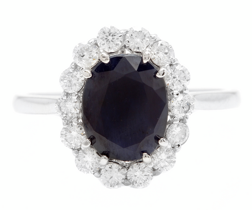 3.60 Carats Natural Sapphire and Diamond 14k Solid White Gold Ring