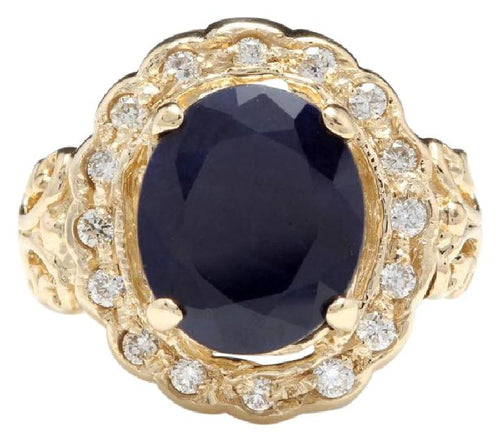 8.00 Carats Exquisite Natural Blue Sapphire and Diamond 14K Solid Yellow Gold Ring