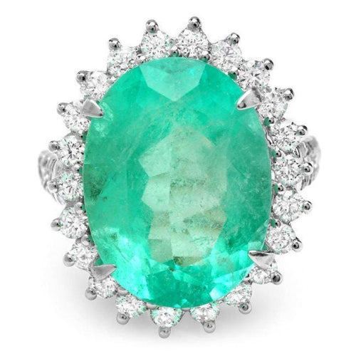 12.70 Carats Natural Emerald and Diamond 18K Solid White Gold Ring