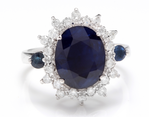 5.50ct Natural Blue Sapphire & Diamond 14k Solid White Gold Ring