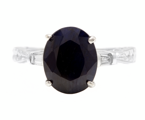 5.14 Carats Natural Sapphire and Diamond 14k Solid White Gold Ring