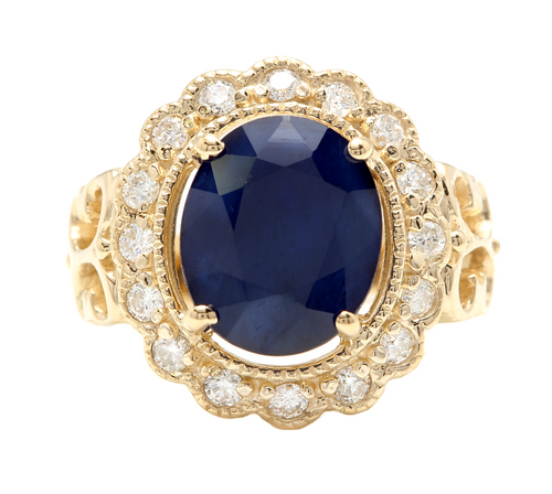 7.50 Natural Blue Sapphire & Diamond 14k Solid Yellow Gold Ring