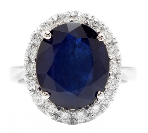 11.15ct Natural Blue Sapphire & Diamond 14k Solid White Gold Ring