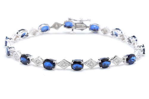 8.70 Natural Blue Sapphire and Diamond 14k Solid White Gold Bracelet