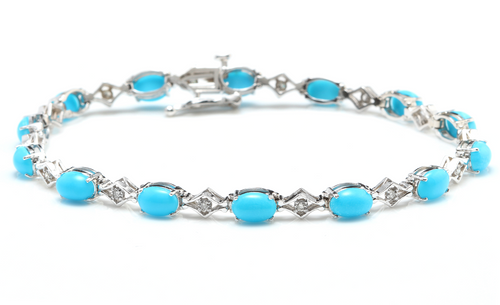 6.20 Natural Turquoise and Diamond 14k Solid White Gold Bracelet