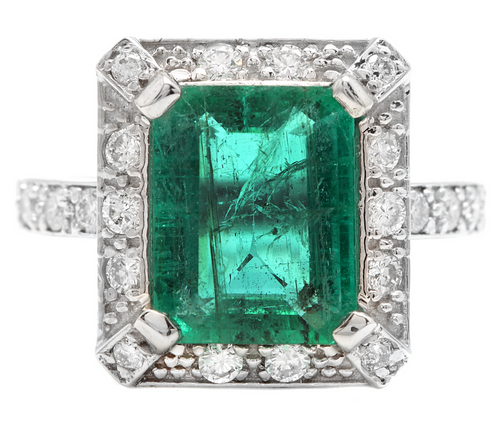 4.60ct Natural Emerald & Diamond 14k Solid White Gold Ring