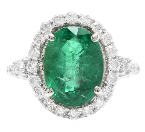 5.00ct Natural Emerald & Diamond 14k Solid White Gold Ring