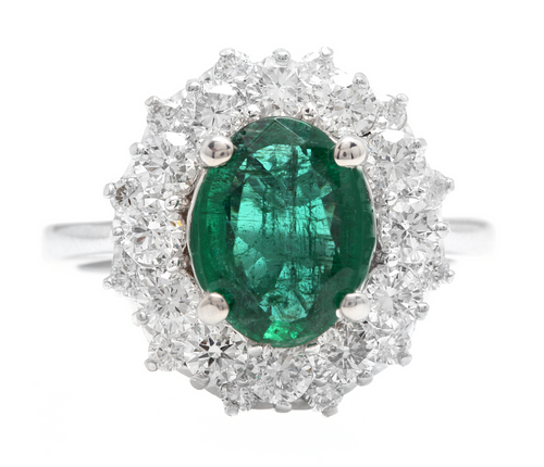 4.10Ct Natural Emerald & Diamond 18K Solid White Gold Ring