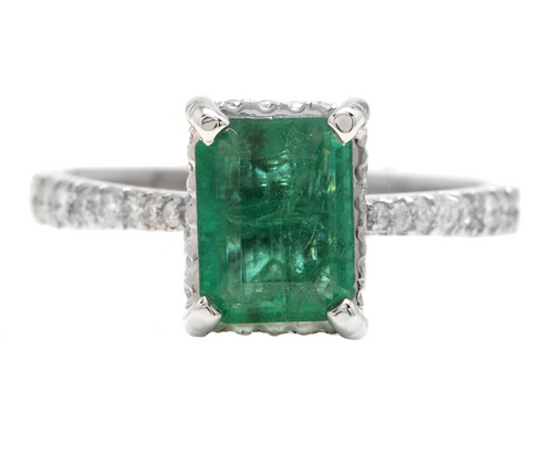 2.00ct Natural Emerald & Diamond 14k Solid White Gold Ring