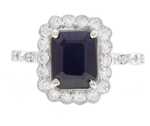 3.60 Carats Natural Sapphire and Diamond 14k Solid White Gold Ring