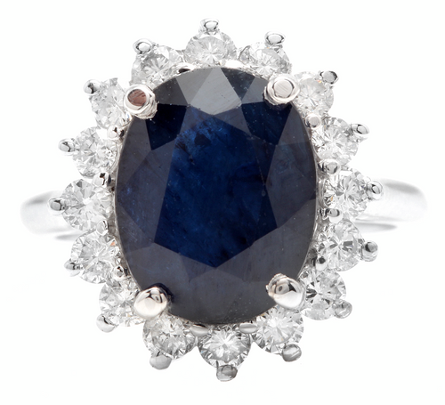 8.15ct Natural Blue Sapphire & Diamond 14k Solid White Gold Ring