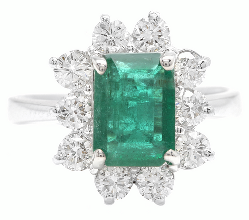 4.00 Carats Natural Emerald and Diamond 18K Solid White Gold Ring