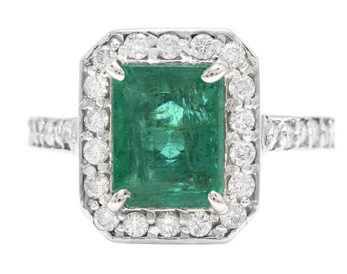 3.60 Carats Natural Emerald and Diamond 14K Solid White Gold Ring