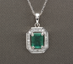 1.95ct Natural Emerald and Diamond 14k Solid White Gold Necklace