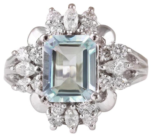 3.50 Carats Natural Aquamarine and Diamond 14K Solid White Gold Ring