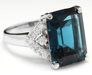 15.20 Carats Natural Impressive London Blue Topaz and Diamond 14K White Gold Ring