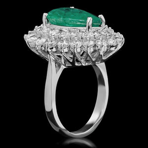 7.50 Carats Natural Emerald and Diamond 14K Solid White Gold Ring