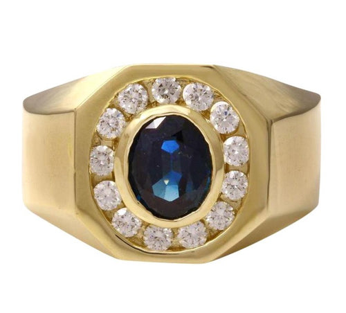 2.35 Carats Natural Diamond & Blue Sapphire 14K Solid Yellow Gold Men's Ring