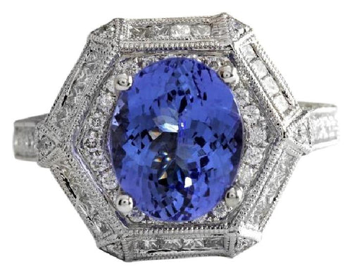 5.35 Carats Natural Very Nice Looking Tanzanite and VS1 Diamond 18K Solid White Gold Ring