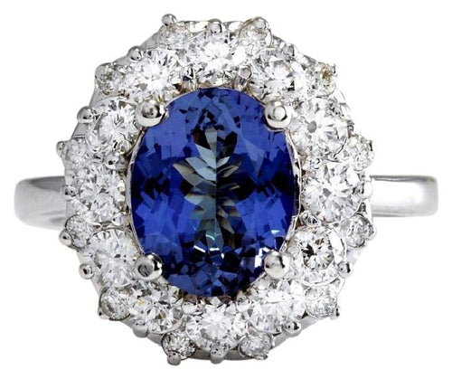 4.25 Carats Natural Very Nice Looking Tanzanite and Diamond 14K Solid White Gold Ring