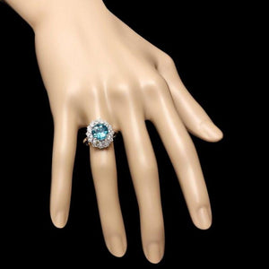 6.70 Carats Natural Blue Zircon and Diamond 14K Solid White Gold Ring