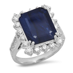 8.20 Carats Natural Blue Sapphire and Diamond 14K Solid White Gold Ring