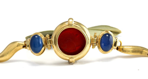 GIROVI Very Impressive Cameo Carnelian Inlay and Sapphire 18K Solid Yellow Gold Designer Bracelet