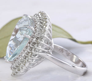 17.22 Carats Natural Very Nice Looking Aquamarine and Diamond 14K Solid White Gold Ring