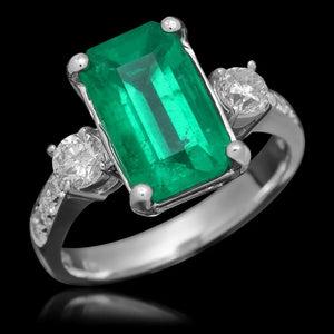 4.10Ct Natural Emerald and Diamond 18K Solid White Gold Ring