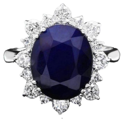 7.80ct Natural Blue Sapphire & Diamond 14k Solid White Gold Ring