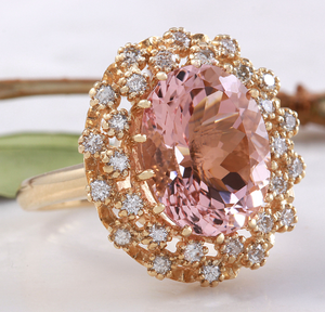 15.30 Carats Exquisite Natural Morganite and Diamond 14K Solid Yellow Gold Ring