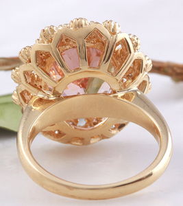 15.30 Carats Exquisite Natural Morganite and Diamond 14K Solid Yellow Gold Ring