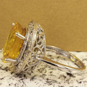 10.85 Carats Exquisite Natural Unheated Yellow Sapphire and Diamond 14K Solid White Gold Ring