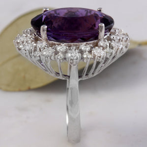 15.65 Carats Natural Amethyst and Diamond 14K Solid White Gold Ring