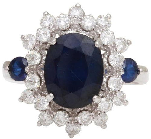 4.30 Carats Exquisite Natural Blue Sapphire and Diamond 14K Solid White Gold Ring