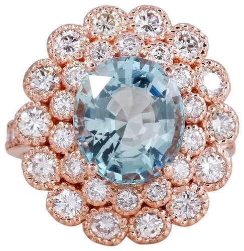 6.00 Carats Natural Aquamarine and Diamond 14K Solid Rose Gold Ring